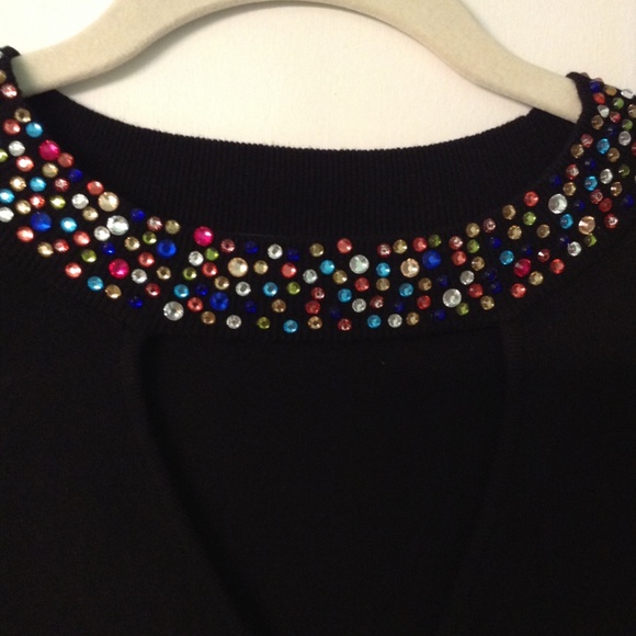 Black Sweater With Multicolor Sparkling Studs Around the Whole Neck Size XL - Picture 2 of 2